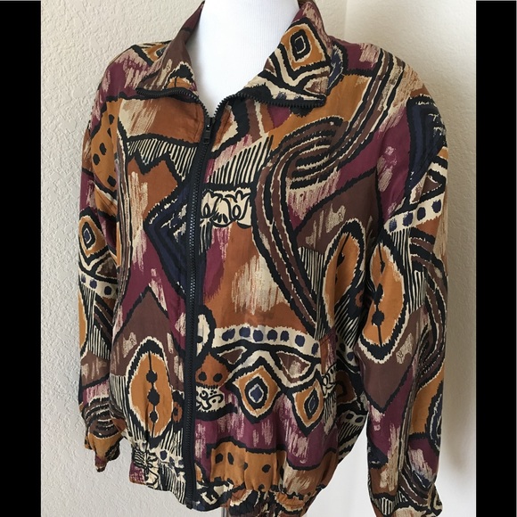 Vintage jacket Silk windbreaker zipper front athletic style jacket abstract - Picture 3 of 8